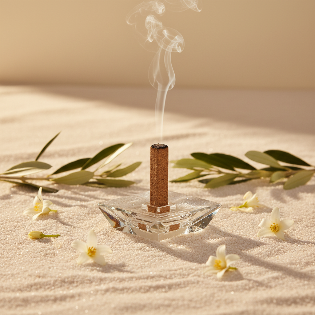 Imperial Saffron bakhoor with crystal base on white sand